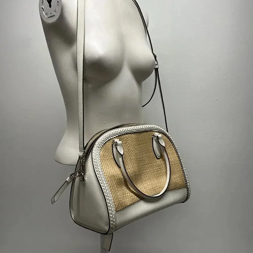 Kate Spade Reiley Dome Satchel Purse Handbag Straw Wicker Leather Trim White